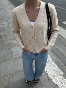 NOVELLE Women's Pearl Embellished V-Neck Knit Cardigan, Autumn Winter Exquisite Button Front Loose Versatile Commute, For Daily, Going Out And Dating - Apricot - View 3