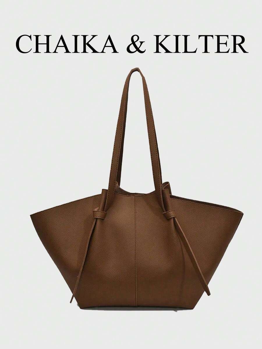 CHAIKA & KILTER 2 件/套纯色 PU 皮革单肩包女士休闲大容量手提包书包双手柄设计按扣，适合旅行、购物、约会、送给女士的礼物，适合青少年、女大学生、新手和办公室女士，非常适合办公室、大学、工作、商务、通勤、户外、旅行、短途旅行