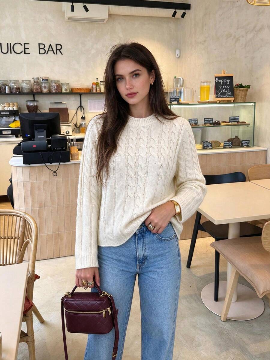 Just Masa Women's Autumn Casual Cable Knit Bell Sleeve Pullover Sweater, Loose Fit Solid Color Round Neck Ribbed Rajut Top, Suitable For Daily Wear, Outing, Commuting - Aprikot muda - View 1