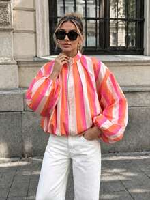 Women's Striped Colorblock Zipper Casual Everyday Long Sleeve Jacket - Orange - View 5