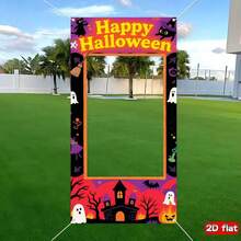 2D Flat Banner, 1pc, Halloween Theme Photo Prop, Polyester Material, Colorful Playful Design With Ghost And Witch Elements, Suitable For Indoor And Outdoor Home Use - Style 1 - View 2