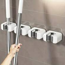 3/4pcs Minimalist White & Gray No-Drill Mop Holder, ABS Plastic Material, Strong Clip Anti-Slip Non-Falling, Storage For Mops, Brooms, Squeegees, Suitable For Bathroom, Balcony, Storage Room, Wall-Mounted Mop Storage Rack, Home Organization Essential, Christmas & New Year Cleaning Storage Item - Multicolor - View 3