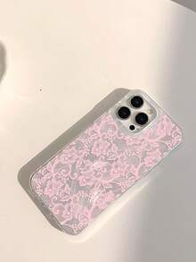 1pc Light Color Romantic Lace Floral Pattern Phone Case, Silver Transparent Thick Protective Cover Compatible With Iphone 11/12/13/14/15/16 Pro Max - Multicolor - View 3
