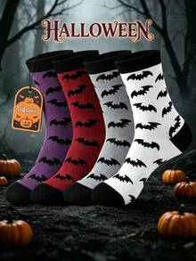 1/5 Pairs Black White Red Gray Halloween Men Women Couple Contrast Color Bat Pattern Mid-Calf Socks - Multicolor - View 1