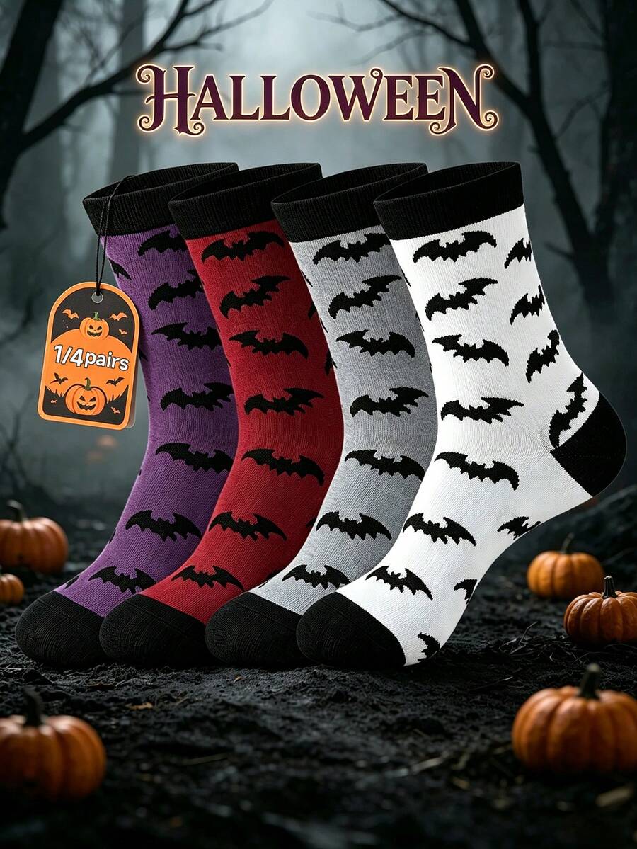 1/5 Pairs Black White Red Gray Halloween Men Women Couple Contrast Color Bat Pattern Mid-Calf Socks - Multicolor - View 1