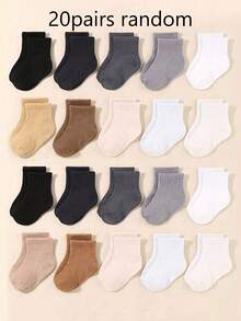 20 Pairs Random Baby Neutral Socks, Mid-Calf Socks, Neutral Earth Tone Solid Color Short Socks, Simple Versatile Ribbed Cuff, Soft And Breathable, Suitable For Infants, Toddlers, Boys, Girls, All-Season Daily Wear. - Multicolor - View 11
