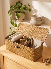 1pc Handwoven Seagrass Storage Basket With Lid, Rectangular Rattan Organizer Box, Suitable For Desktop, Kitchen, Bathroom, Bedroom, Multi-Functional Home Decor Container, Rustic Farmhouse Style, Toiletries/Office/Snack Storage, Countertop/Closet Organization - Ginger - View 12