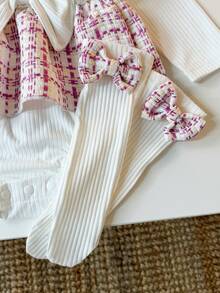 Autumn/Winter Korean Style Baby Girl 3 Pieces Set, Flutter Sleeve Plaid Bodysuit With Headband And Knee-High Socks, Spring/Autumn Outfit - White - View 7