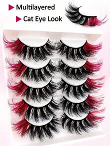 5 Pairs Red Fluffy Faux Mink False Eyelashes, Colorful Tips, 20mm Exaggerated Long Voluminous Cat Eye Fox Eye Lashes, Full Curly Colorful Faux Mink Long False Eyelashes, Russian Strip D Curl Lashes, Suitable For Christmas - Multicolor - View 7