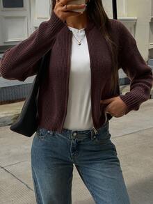 GLAMSKIN Women Ribbed Knit Zip Up Cardigan Stand Collar Sweater ,Long Sleeve Cropped Sweater Jacket Casual Fall Winter Outerwear - Brown - View 6