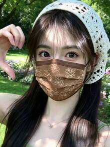 10pcs New Old Money Style Contrast Color Disposable Face Masks, 3-Layer Protective Printed Masks, Highly Attractive Flattering Skin Tone, Unique Design, Individually Wrapped, Maillard Retro Style Adult Fashion Face Cover, Outdoor Commute Travel Accessory, Practical Holiday Gift For Halloween, Thanksgiving, Christmas - Multicolor - View 4
