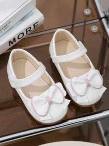 Girls Baby Pink Trim Double Layer Bow White Glossy Mary Jane Flat Shoes With Hook And Loop Strap, Suitable For Party Wear - White - View 1