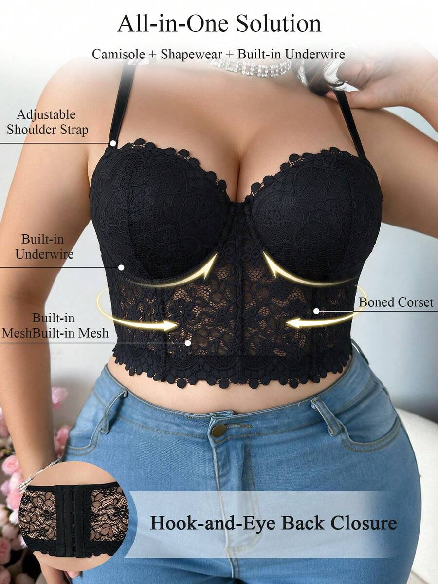 mimilemon Plus Size Floral Lace Bra, Underwire Push-Up Support, Detachable Straps, Comfortable Breathable Women's Lingerie - Black - View 1