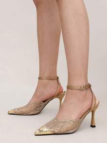 Women's Gold Toe Elegant Lace Ankle Strap High Heel Pointed Toe Stiletto Sandals For Wedding, Prom, Evening Party - Brown - View 2