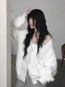 Soft Fluffy V-Neck Cardigan Sweater, Loose Fit Slimming Knit Open Front Jacket - White - View 7