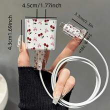 5pcs 2D Flat Design Cherry Bow Phone Charger Protector Set, Charger Head Cover + Cable Protector + Storage Rope + Data Cable Protector Spiral Wrap, Compatible With IPhone 20W/18W Charger - Multicolor - View 5
