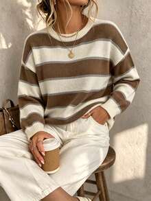 Plus Size Round Neck Striped Colorblock Knit Pullover Sweater - Apricot - View 1