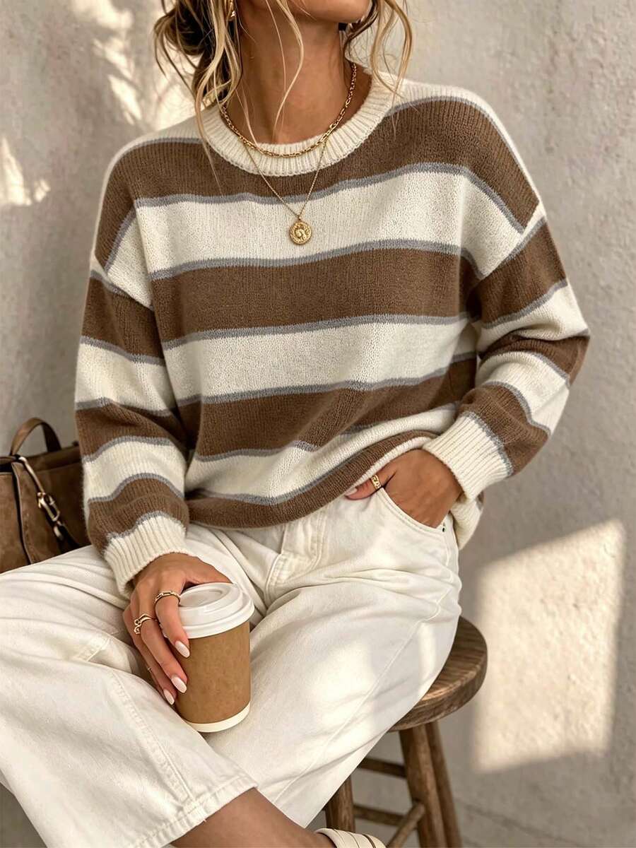 Plus Size Round Neck Striped Colorblock Knit Pullover Sweater - Apricot - View 1