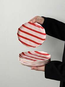 1pc/2pcs/4pcs Ins Style Cute Hand-Painted Dual-Color Striped Ceramic Plate, Breakfast Bread Plate, Western Dinner Plate, Dessert Cake Plate, Fruit Salad Plate, Holiday Gift For Family And Friends - Multicolor - View 14