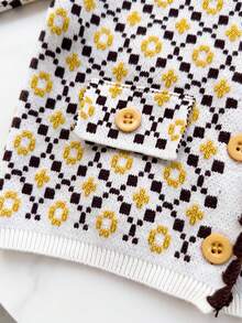 Baby Girls Vintage Rhombus Floral Knit 2 Pieces Set, Coffee & Yellow Colorblock Jacquard Cardigan & Wide Leg Long Pants - Apricot - View 4