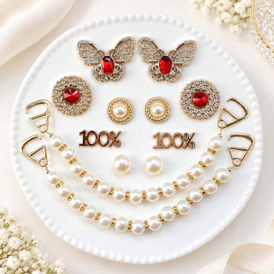 12pcs Gold Red Rhinestone Pearl Clog Shoe Charms ABS Butterfly Rhinestone Pearl Chain Shoe Decorations DIY Shoe Accessories For Women And Girls - Gold Red Diamond Pearl Style - 12PCS - View 1
