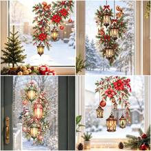 1/4pcChristmas Lantern Window Static Cling, Reusable Glass Static Ornament, Lightweight, For Xmas Indoor Window Decoration, Christmas Floral Lantern With Squirrel Bird Static Window Sticker, Window Decor - Multicolor - View 10