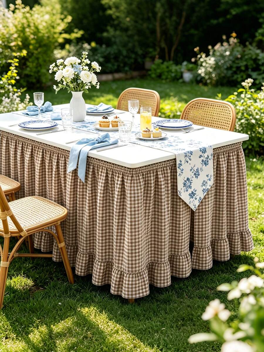 1pc Fresh Plaid Pattern With Soft Ruffle Edge Design, Available In Multiple Soft Colors And Rich Size Options, Suitable For Different Length Dining Tables, Living Room, Bedroom, Dining Room And Various Scenes - Brown - View 1