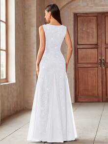 MIUSOL Sweetheart Neckline Contrast Color Sequin Lace Mesh Mermaid Hem Formal Maxi Dress Wedding Spring White - White - View 7