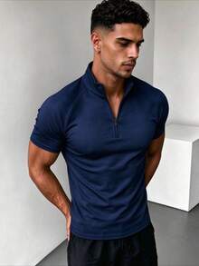 ZYNTH BALENO Men's Summer Fashion Raglan Sleeve Zipper Collar Short Sleeve T-Shirt, Suitable For Gym, Cycling, Running - Navy Blue - View 4
