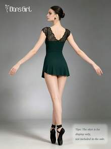 DonsGirl 1pc Women V-Neck Lace Patchwork Short Sleeve Leotard, Elegant Dance Bodysuit Spring Sports Fall - Dark Green - View 8