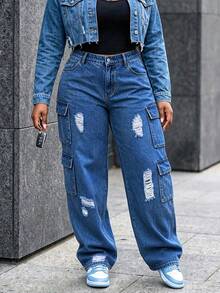 Plus Size Women Y2K Street Style Multi-Pocket Distressed Cargo Straight Leg Denim Jeans Autumn - Dark - View 4
