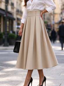 Elegant Commuter Solid Color Button Skirt - Camel - View 2