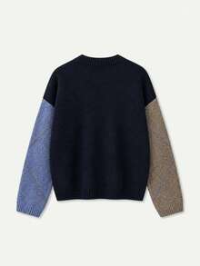 Autumn/Winter Fashion Romantic Elegant Three-Color Patchwork Round Neck Long Sleeve Sweater - Light Brown and Blue Color-block - View 7
