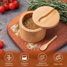1 Set Bamboo Salt And Seasoning Container With Magnetic Rotating Lid And Spoon, Bamboo Storage Box For Pepper, Table Salt, Seasoning And Sugar, 6oz Capacity - Multicolor - View 5