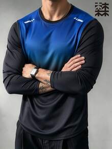 mulinsen Men's Gradient Raglan Sleeve Long Sleeve T-Shirt, Crew Neck Geometric Print, Elastic Quick-Dry Slim Fit Sports Casual Top - Blue - View 2