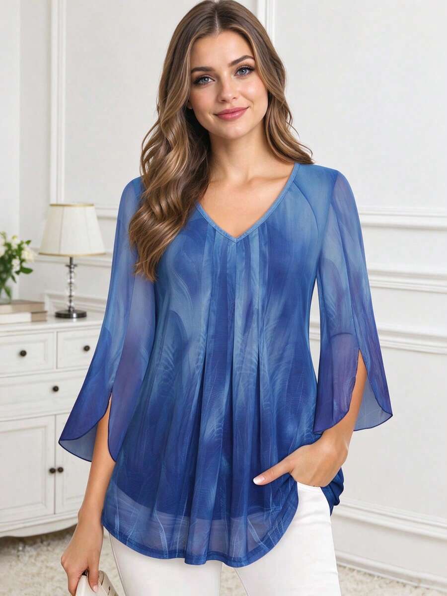 CheersLife Women's Casual 3/4 Sleeve Drawstring Waist Top, Floral Double-Layer Blouse, Loose Pleated Mesh Shirt - Blue - View 1