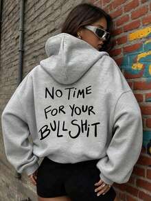 Women's Fashion Autumn/Winter Hooded Sweatshirt, Printed With "No Time For Your" Text, Soft And Comfortable, Fleece Autumn/Winter Top Casual Fall - Grey - View 2