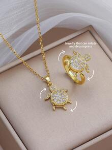 Gold Rotating Turtle Necklace And Adjustable Ring Set, Sparkling Rhinestone Turtle Women's Jewelry - Multicolor - View 1