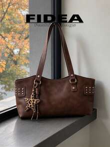 New Women's Shoulder Underarm Large Capacity Baguette Bag, Street Fashion Versatile Solid Color PU Matte Surface Rivet Inlaid Decoration With Personalized Leopard Print Star Pendant, Chic Avant-Garde Style Suitable For Daily Outings, Shopping, Commuting And Other Occasions - Coffee - View 6
