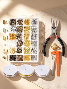 1 Box Approx. 1000pcs Jewelry Making Accessories Tool Set Including Lobster Clasp, Ear Hooks, Eye Pins, Screw Eye Pins, Ribbon End Caps, Cord Ends, Open Jump Rings, Ear Plugs, Equipped With Pliers, Tweezers, Opener And Ruler, Suitable For DIY Handmade Enthusiasts To Make Bracelets, Necklaces - 24-slot Set (Tools + Wire) - View 1