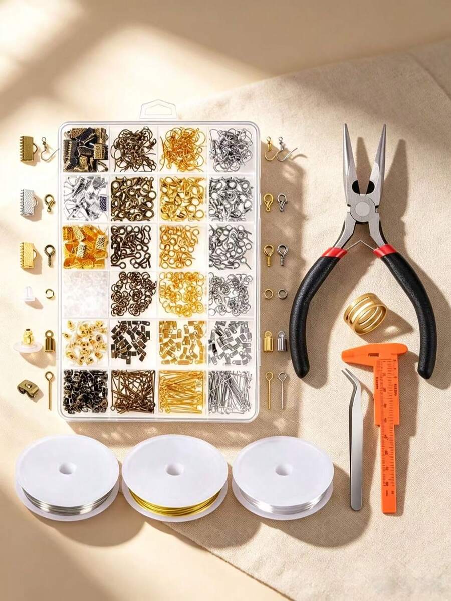 1 Box Approx. 1000pcs Jewelry Making Accessories Tool Set Including Lobster Clasp, Ear Hooks, Eye Pins, Screw Eye Pins, Ribbon End Caps, Cord Ends, Open Jump Rings, Ear Plugs, Equipped With Pliers, Tweezers, Opener And Ruler, Suitable For DIY Handmade Enthusiasts To Make Bracelets, Necklaces - 24-slot Set (Tools + Wire) - View 1