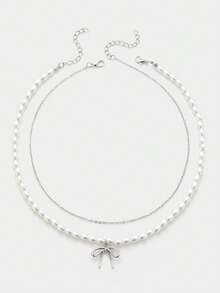 Sorayune 2pcs Luxury Sweet Double Layer Crystal Bowknot Pearl Necklace, Delicate Collarbone Chain Necklace Accessories For Women - Silver - View 3