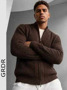 GRDR Men's Casual Long Sleeve Zip-Up Cardigan Sweater, Versatile Everyday Knitwear - Brown - View 6