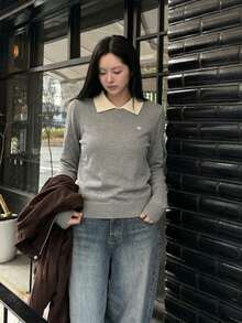 Chic Women's Long Sleeve Contrast Collar Pullover Sweater, Regular Length Grey Knit Top With Tight Hem For Everyday Wear - Grey - View 1