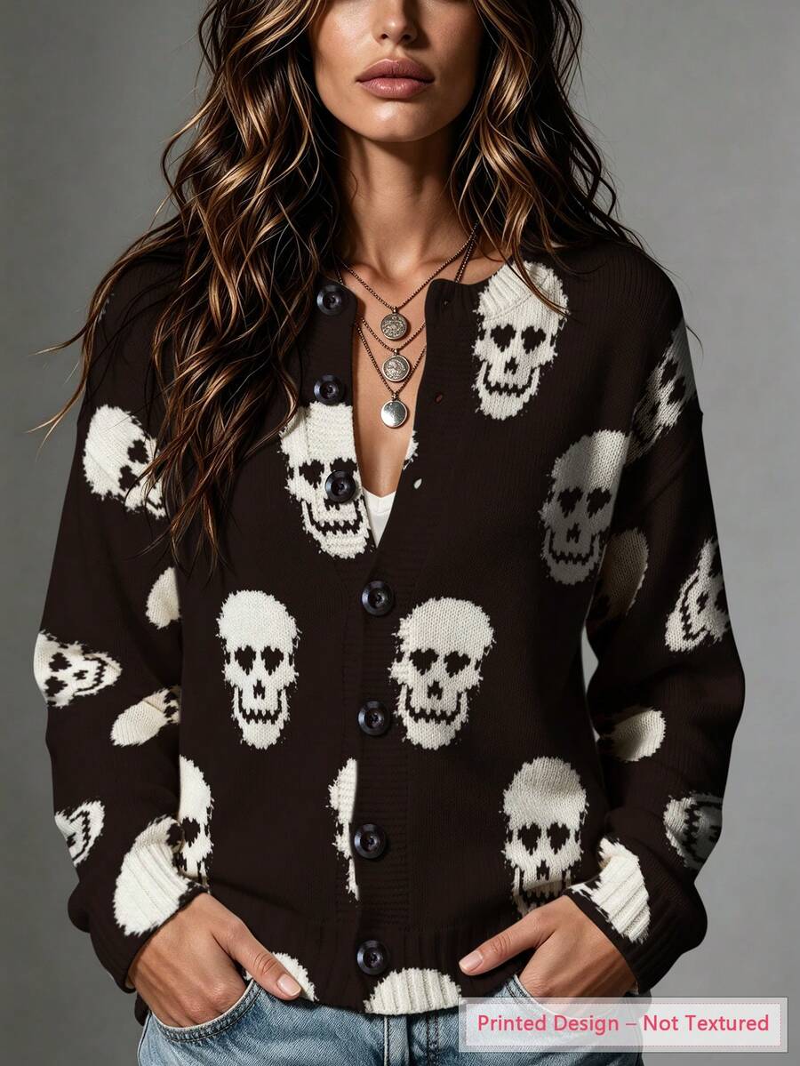 ASHKATIA Plus Size Skull Jacquard Button Knit Cardigan - Multicolor - View 1