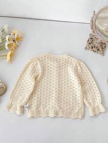 Spring/Autumn New Baby Girls' Clothing, Hollow Knit Cardigan, Girls' Round Neck Long Sleeve Sweater Jacket, Cuffed Knit Sweater - Apricot - View 3