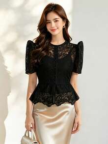 Modern Filipiniana Peplum Solid Color Lace Button Women's Top For Holiday, Wedding, Vacation, Birthday Party, Date, Spring/Summer Black Fall - Black - View 2