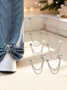 1/4/8pcs Multi-Function Clothing Clips, Metal Star Heart Bow Design, Shirt Hem Clips, Cute Decorative Pants Leg Clips, Clothing Accessories Chain Clips - Multicolor - View 1