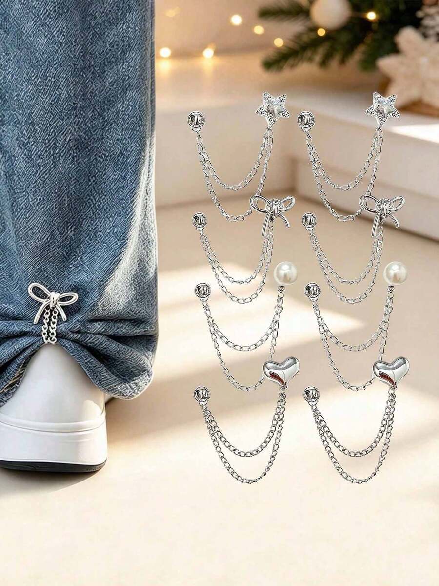 1/4/8pcs Multi-Function Clothing Clips, Metal Star Heart Bow Design, Shirt Hem Clips, Cute Decorative Pants Leg Clips, Clothing Accessories Chain Clips - Multicolor - View 1