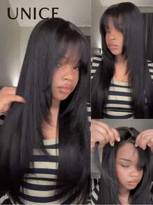 UNice Glueless Minimalist Lace Long Layered Yaki Straight Wig With Wispy Bangs Machine Made Wig 100% Human HairNo Lace No Glue Beginner Friendly Natural Black - Natural Black - View 4